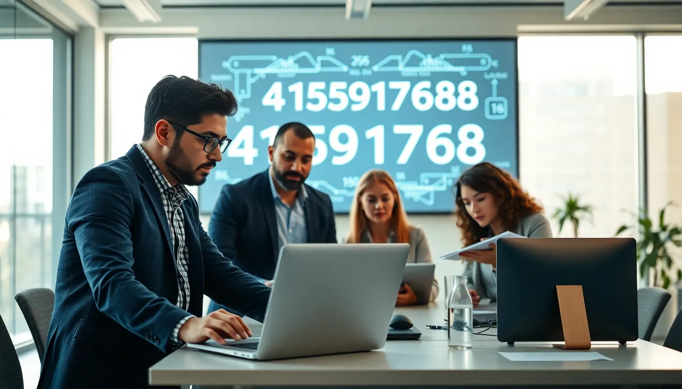 diverse team analyzing the number 4155917768 in a modern office.