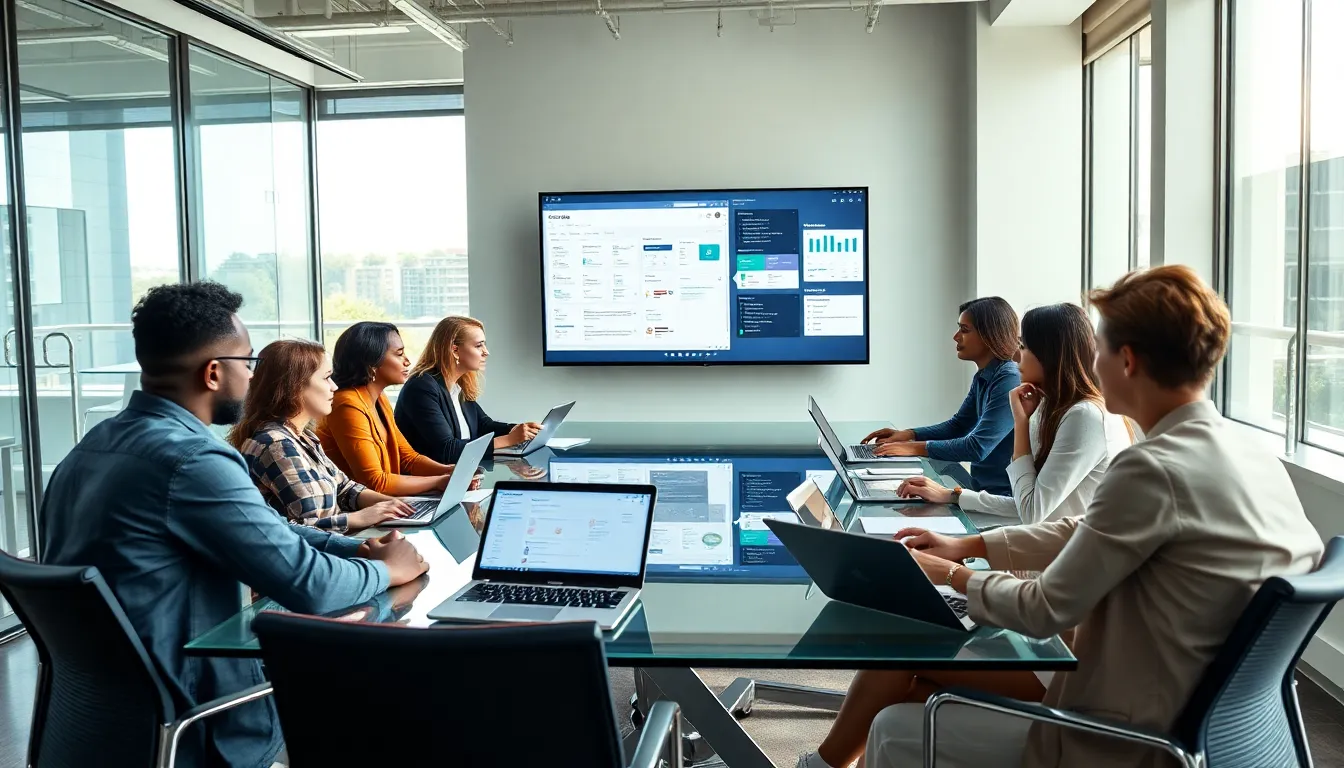 diverse team collaborating on Gjhyj365 in a modern office.