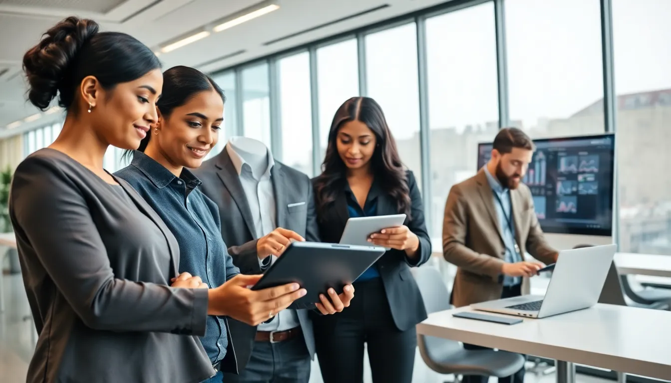 diverse professionals collaborating with advanced technology in a modern office.